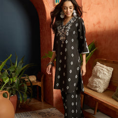 Stylum Women's Black Woven Design & Embroidered Cotton Straight Kurta Palazzo Set (KPBLACKTHANI)
