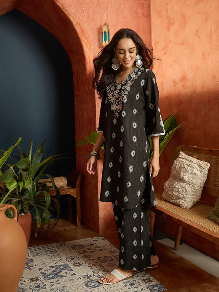 Stylum Women's Black Woven Design & Embroidered Cotton Straight Kurta Palazzo Set (KPBLACKTHANI)