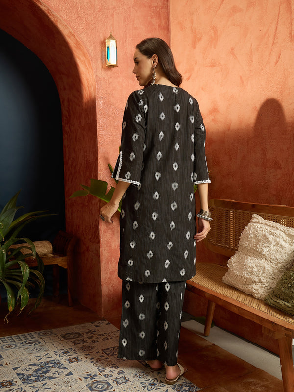 Stylum Women's Black Woven Design & Embroidered Cotton Straight Kurta Palazzo Set (KPBLACKTHANI)