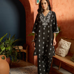 Stylum Women's Black Woven Design & Embroidered Cotton Straight Kurta Palazzo Set (KPBLACKTHANI)