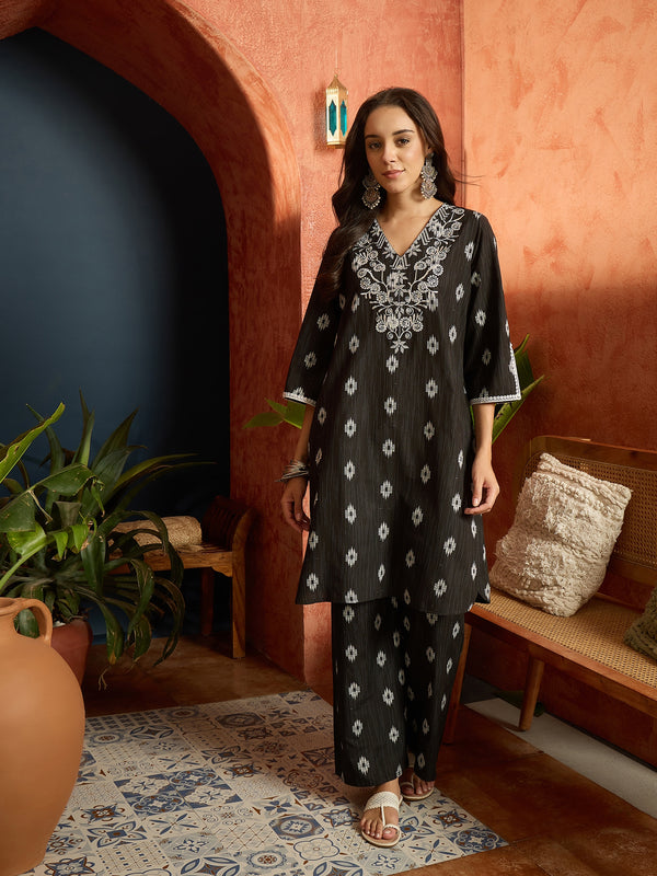 Stylum Women's Black Woven Design & Embroidered Cotton Straight Kurta Palazzo Set (KPBLACKTHANI)
