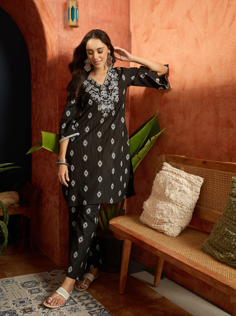 Stylum Women's Black Woven Design & Embroidered Cotton Straight Kurta Palazzo Set (KPBLACKTHANI)