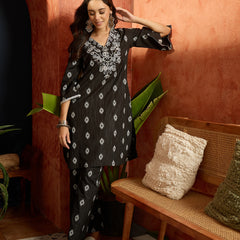 Stylum Women's Black Woven Design & Embroidered Cotton Straight Kurta Palazzo Set (KPBLACKTHANI)