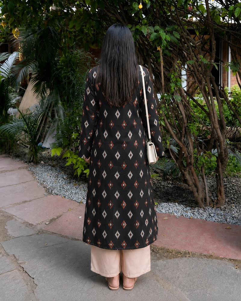 Stylum Women's Black Ikat Printed Rayon A-Line Kurta With Palazzo (KPBLACKVILAS)