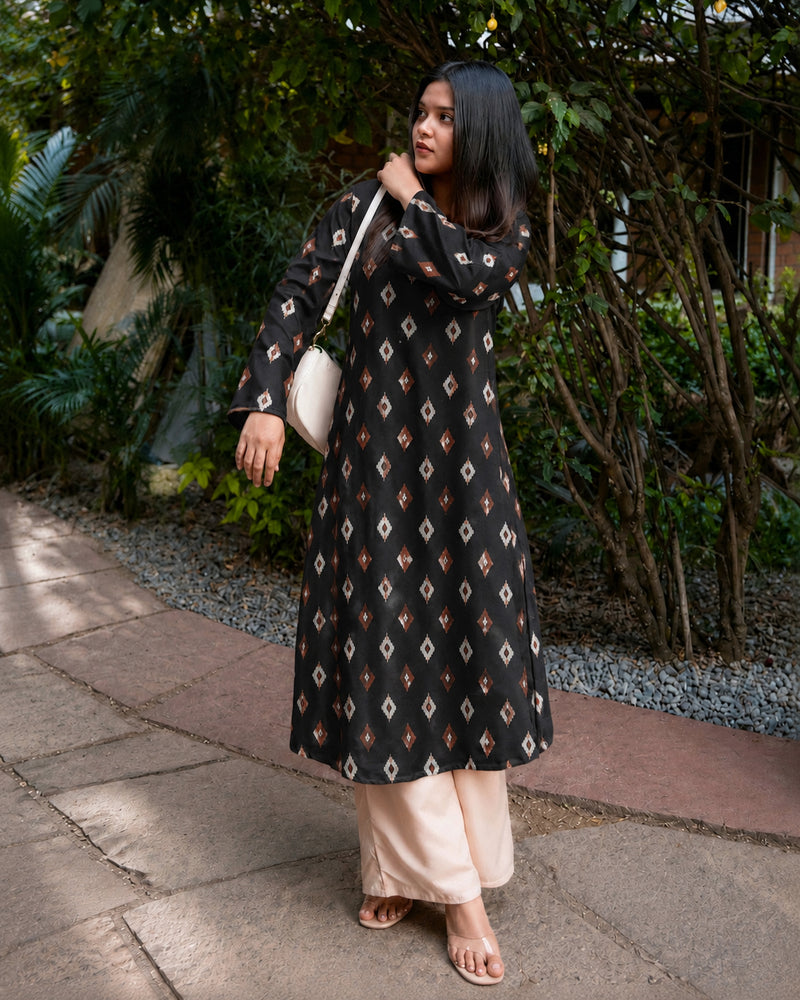 Stylum Women's Black Ikat Printed Rayon A-Line Kurta With Palazzo (KPBLACKVILAS)