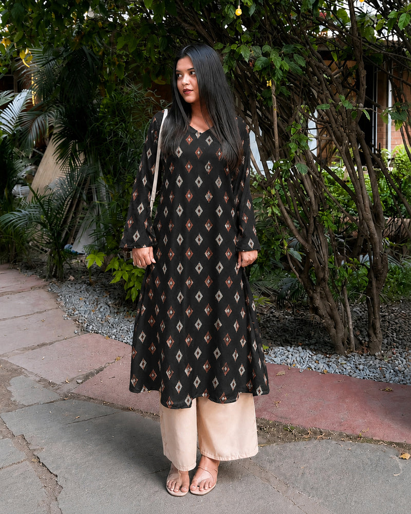 Stylum Women's Black Ikat Printed Rayon A-Line Kurta With Palazzo (KPBLACKVILAS)