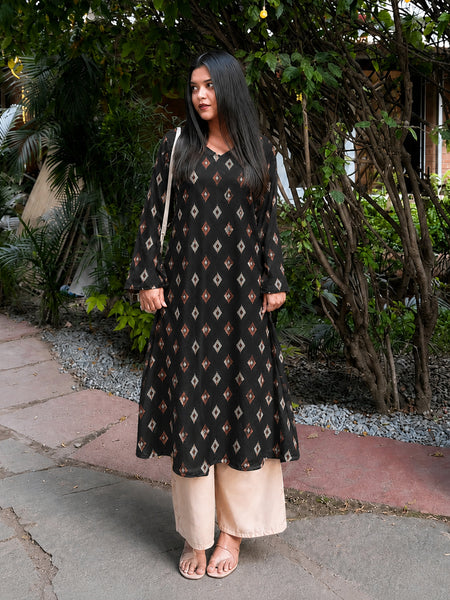 Stylum Women's Black Ikat Printed Rayon A-Line Kurta With Palazzo (KPBLACKVILAS)