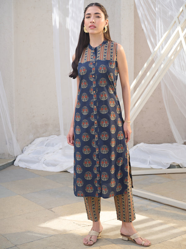 Stylum Women's Blue Ajrakh Printed Cotton Straight Kurta Pant Set (KPBLUEANJAW)