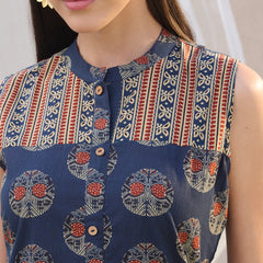 Stylum Women's Blue Ajrakh Printed Cotton Straight Kurta Pant Set (KPBLUEANJAW)