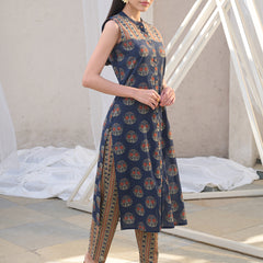 Stylum Women's Blue Ajrakh Printed Cotton Straight Kurta Pant Set (KPBLUEANJAW)