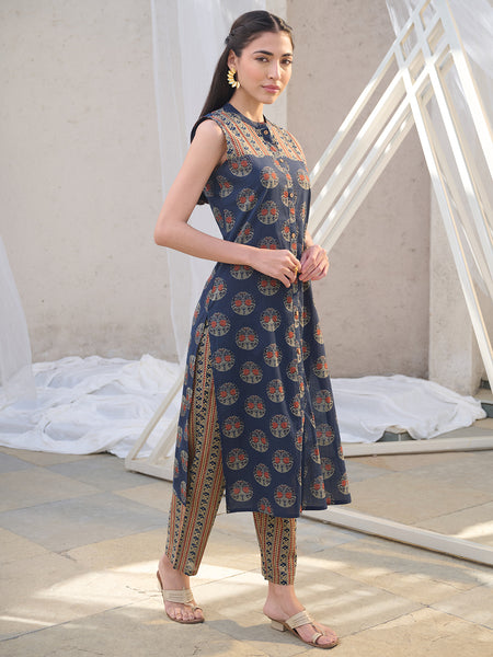 Stylum Women's Blue Ajrakh Printed Cotton Straight Kurta Pant Set (KPBLUEANJAW)