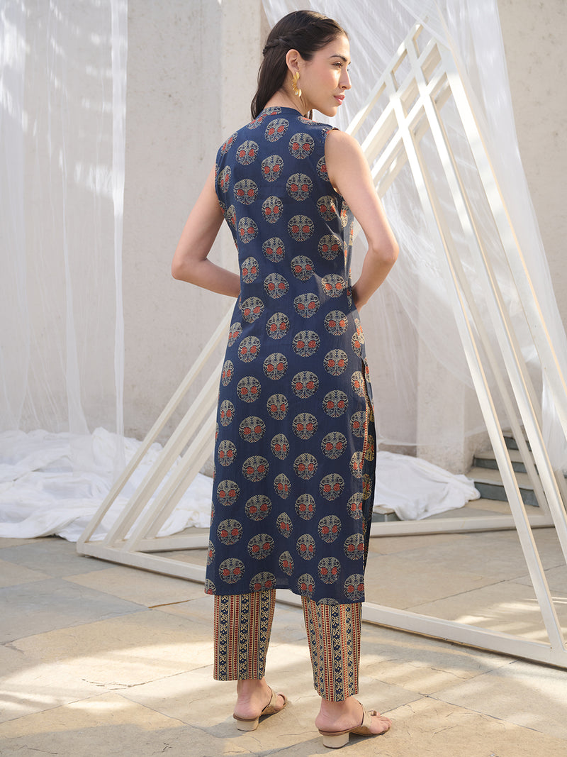 Stylum Women's Blue Ajrakh Printed Cotton Straight Kurta Pant Set (KPBLUEANJAW)