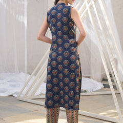 Stylum Women's Blue Ajrakh Printed Cotton Straight Kurta Pant Set (KPBLUEANJAW)