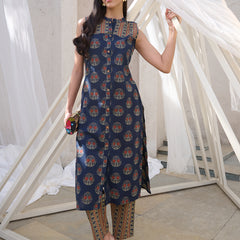 Stylum Women's Blue Ajrakh Printed Cotton Straight Kurta Pant Set (KPBLUEANJAW)