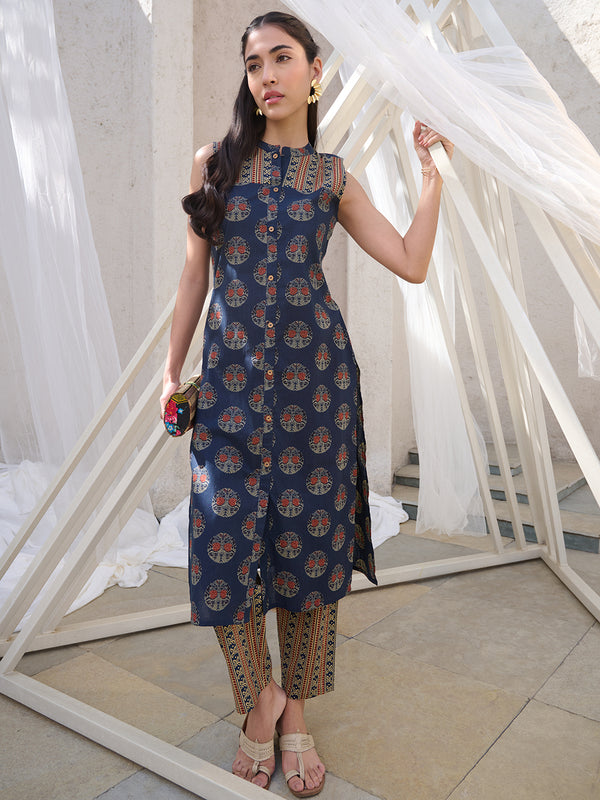 Stylum Women's Blue Ajrakh Printed Cotton Straight Kurta Pant Set (KPBLUEANJAW)