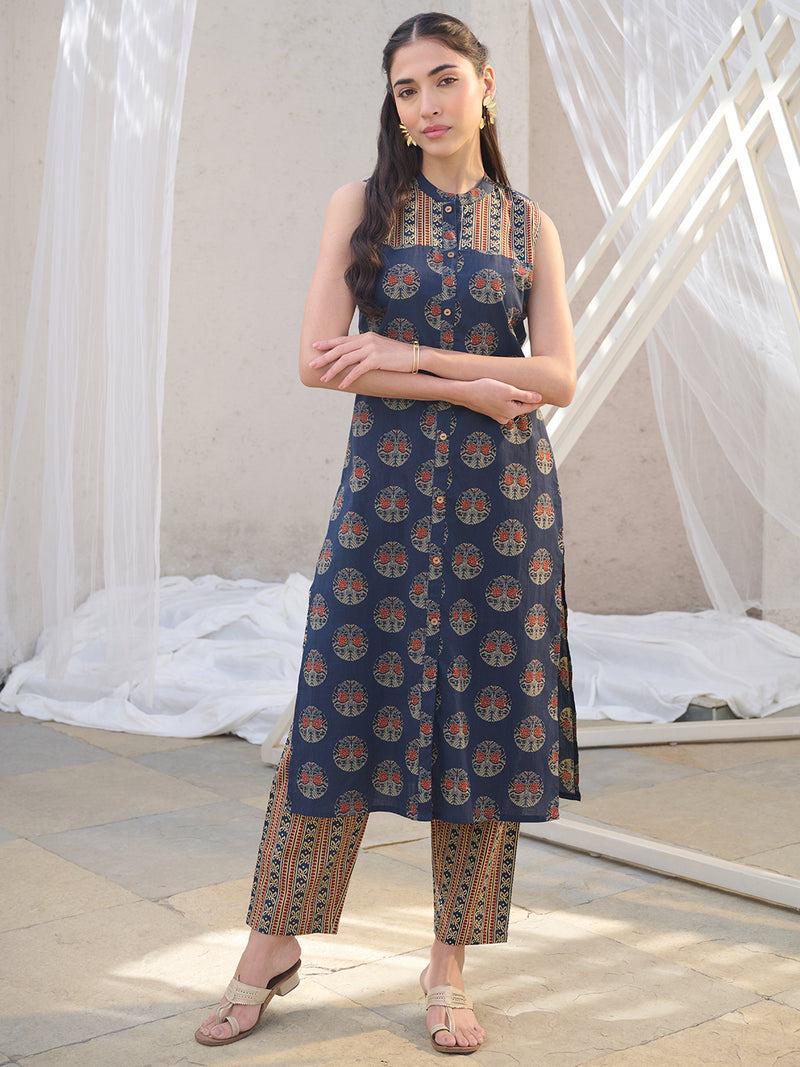Stylum Women's Blue Ajrakh Printed Cotton Straight Kurta Pant Set (KPBLUEANJAW)