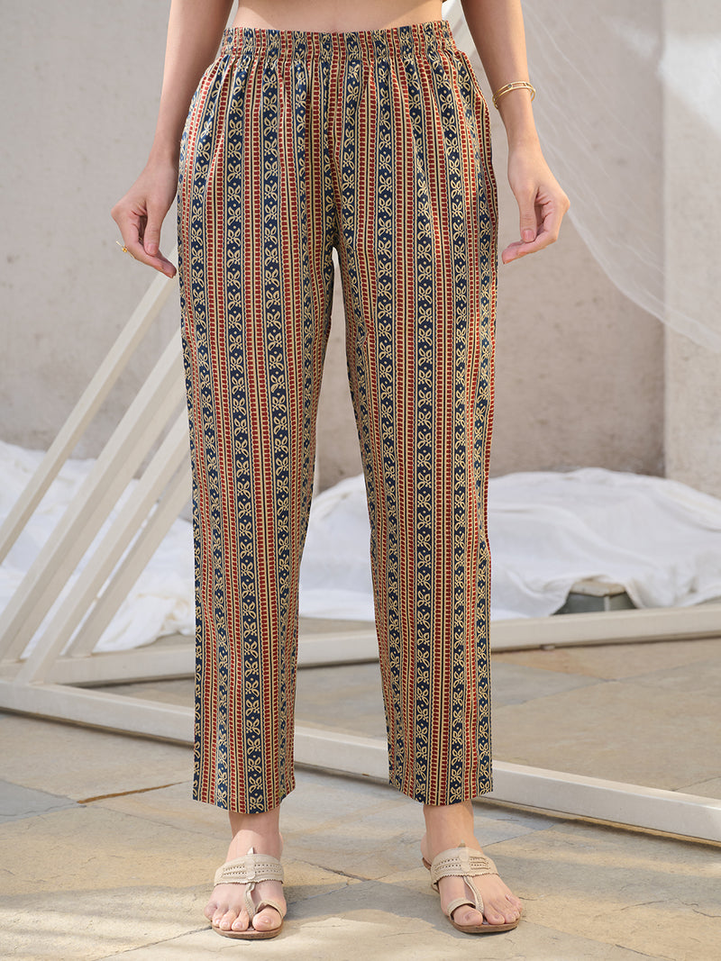 Stylum Women's Blue Ajrakh Printed Cotton Straight Kurta Pant Set (KPBLUEANJAW)