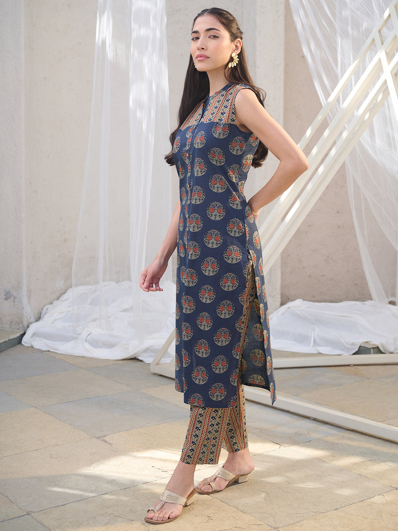 Stylum Women's Blue Ajrakh Printed Cotton Straight Kurta Pant Set (KPBLUEANJAW)