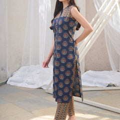 Stylum Women's Blue Ajrakh Printed Cotton Straight Kurta Pant Set (KPBLUEANJAW)
