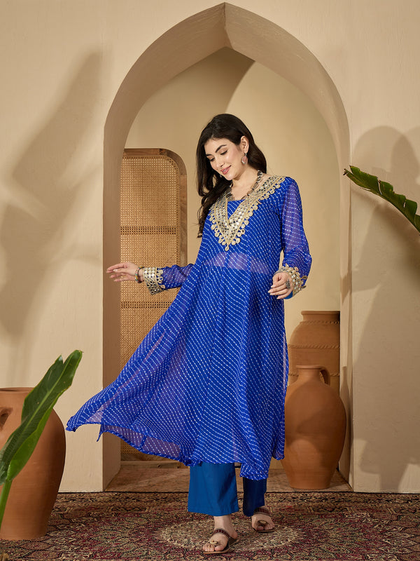 Stylum Women's Blue Leheriya Printed & Embroidered Georgette A-Line Kurta Pant Set (KPBLUEBARMA)