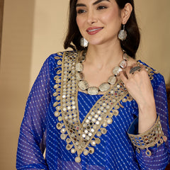 Stylum Women's Blue Leheriya Printed & Embroidered Georgette A-Line Kurta Pant Set (KPBLUEBARMA)