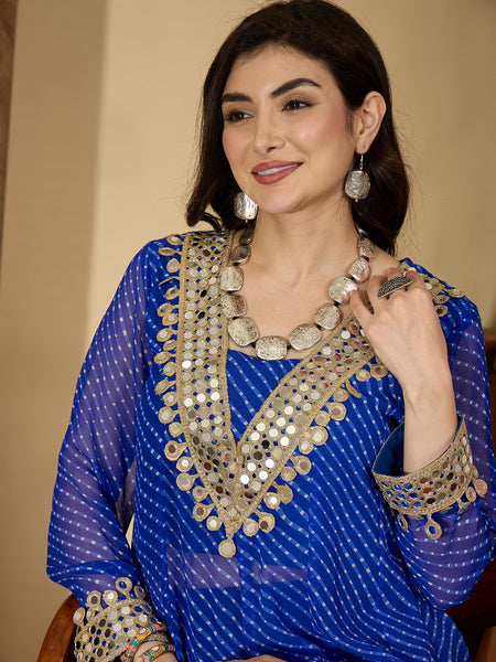 Stylum Women's Blue Leheriya Printed & Embroidered Georgette A-Line Kurta Pant Set (KPBLUEBARMA)