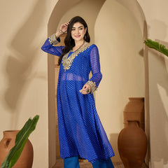 Stylum Women's Blue Leheriya Printed & Embroidered Georgette A-Line Kurta Pant Set (KPBLUEBARMA)