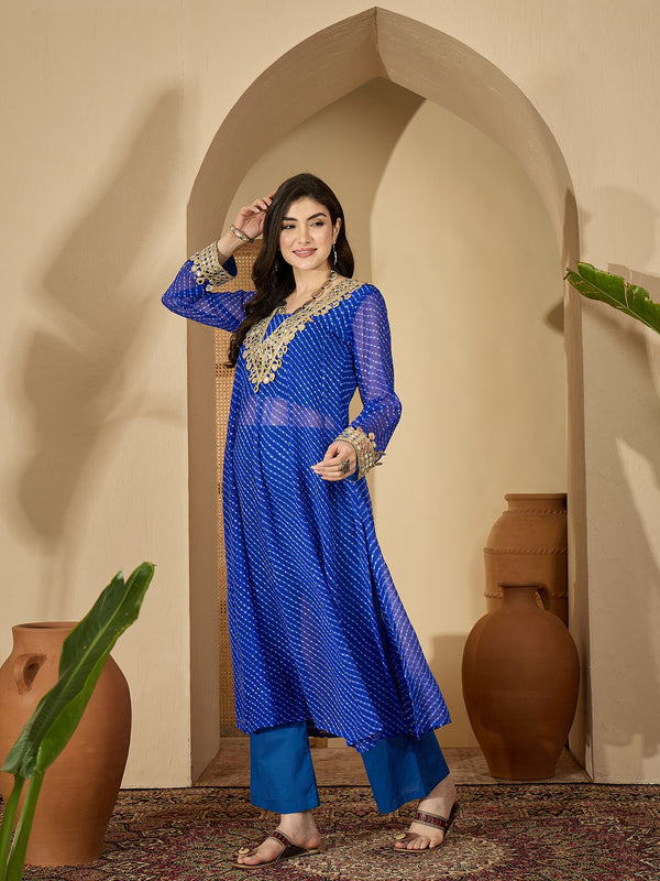Stylum Women's Blue Leheriya Printed & Embroidered Georgette A-Line Kurta Pant Set (KPBLUEBARMA)