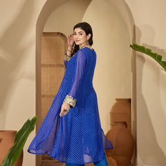 Stylum Women's Blue Leheriya Printed & Embroidered Georgette A-Line Kurta Pant Set (KPBLUEBARMA)
