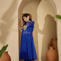 Stylum Women's Blue Leheriya Printed & Embroidered Georgette A-Line Kurta Pant Set (KPBLUEBARMA)