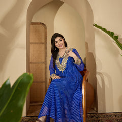 Stylum Women's Blue Leheriya Printed & Embroidered Georgette A-Line Kurta Pant Set (KPBLUEBARMA)