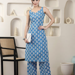 Stylum Women's Indigo Blue Floral Printed Cotton Straight Kurta Pant Set (KPBLUEBAZRA)