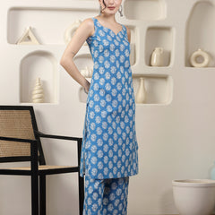 Stylum Women's Indigo Blue Floral Printed Cotton Straight Kurta Pant Set (KPBLUEBAZRA)