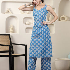 Stylum Women's Indigo Blue Floral Printed Cotton Straight Kurta Pant Set (KPBLUEBAZRA)