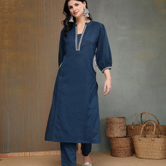 Stylum Women's Blue Solid & Embroidered Cotton A-line Kurta Pant Set (KPBLUEBIBER)