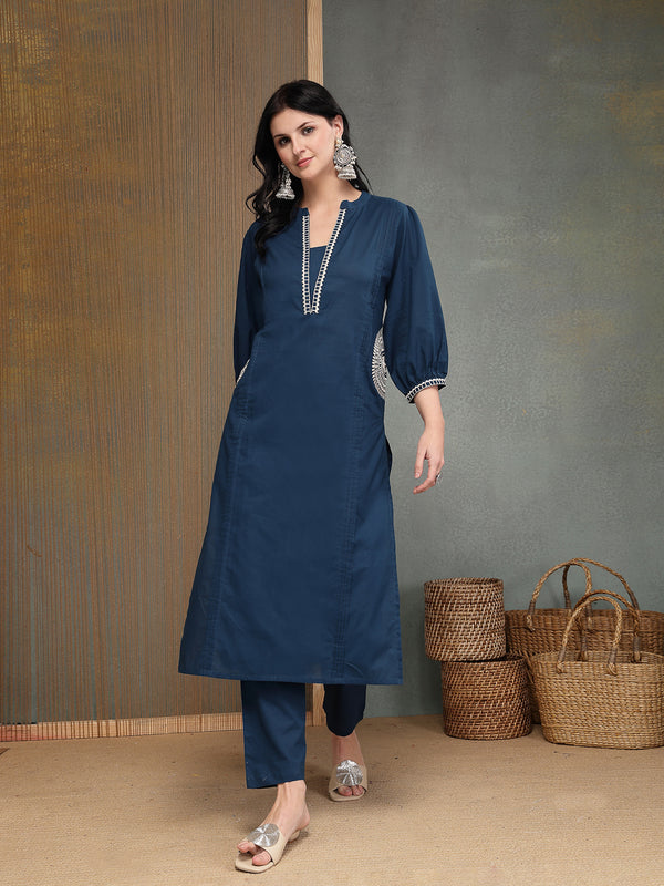 Stylum Women's Blue Solid & Embroidered Cotton A-line Kurta Pant Set (KPBLUEBIBER)