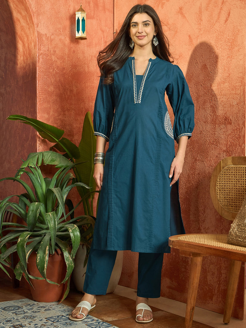 Stylum Women's Blue Solid & Embroidered Cotton A-line Kurta Pant Set (KPBLUEBIBER)
