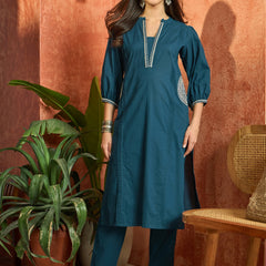 Stylum Women's Blue Solid & Embroidered Cotton A-line Kurta Pant Set (KPBLUEBIBER)