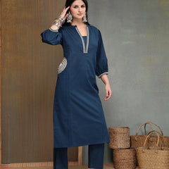 Stylum Women's Blue Solid & Embroidered Cotton A-line Kurta Pant Set (KPBLUEBIBER)