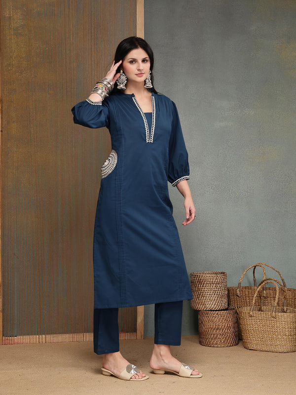 Stylum Women's Blue Solid & Embroidered Cotton A-line Kurta Pant Set (KPBLUEBIBER)