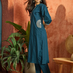 Stylum Women's Blue Solid & Embroidered Cotton A-line Kurta Pant Set (KPBLUEBIBER)