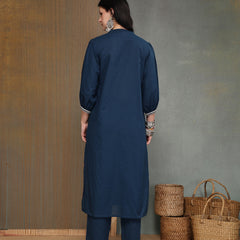 Stylum Women's Blue Solid & Embroidered Cotton A-line Kurta Pant Set (KPBLUEBIBER)