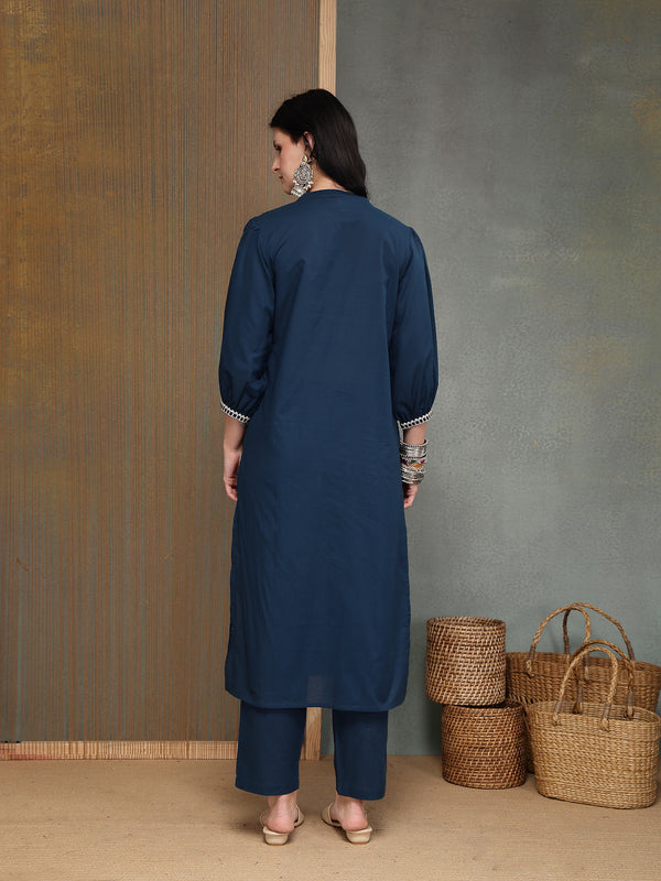 Stylum Women's Blue Solid & Embroidered Cotton A-line Kurta Pant Set (KPBLUEBIBER)