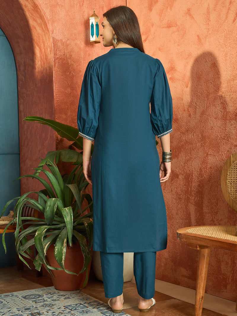 Stylum Women's Blue Solid & Embroidered Cotton A-line Kurta Pant Set (KPBLUEBIBER)