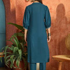 Stylum Women's Blue Solid & Embroidered Cotton A-line Kurta Pant Set (KPBLUEBIBER)