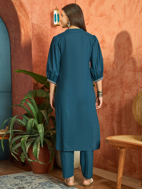 Stylum Women's Blue Solid & Embroidered Cotton A-line Kurta Pant Set (KPBLUEBIBER)
