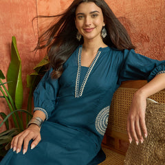 Stylum Women's Blue Solid & Embroidered Cotton A-line Kurta Pant Set (KPBLUEBIBER)