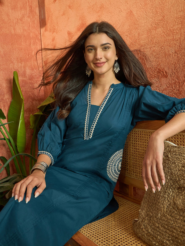 Stylum Women's Blue Solid & Embroidered Cotton A-line Kurta Pant Set (KPBLUEBIBER)