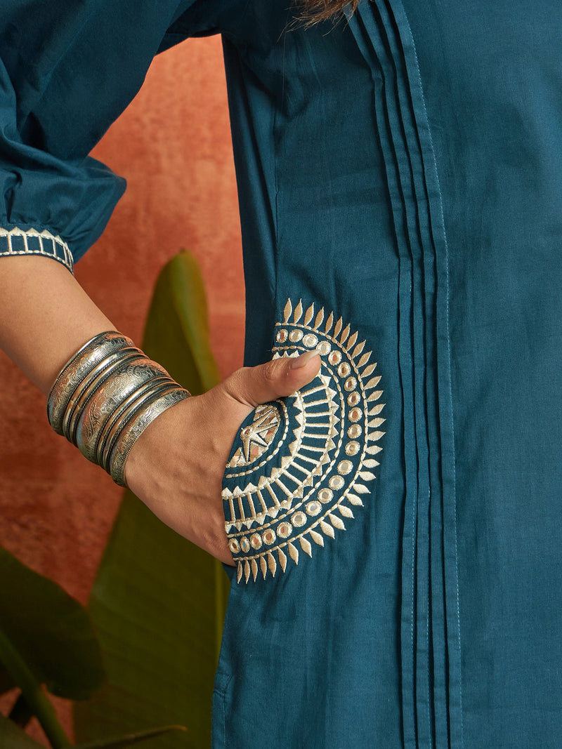 Stylum Women's Blue Solid & Embroidered Cotton A-line Kurta Pant Set (KPBLUEBIBER)