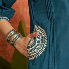 Stylum Women's Blue Solid & Embroidered Cotton A-line Kurta Pant Set (KPBLUEBIBER)
